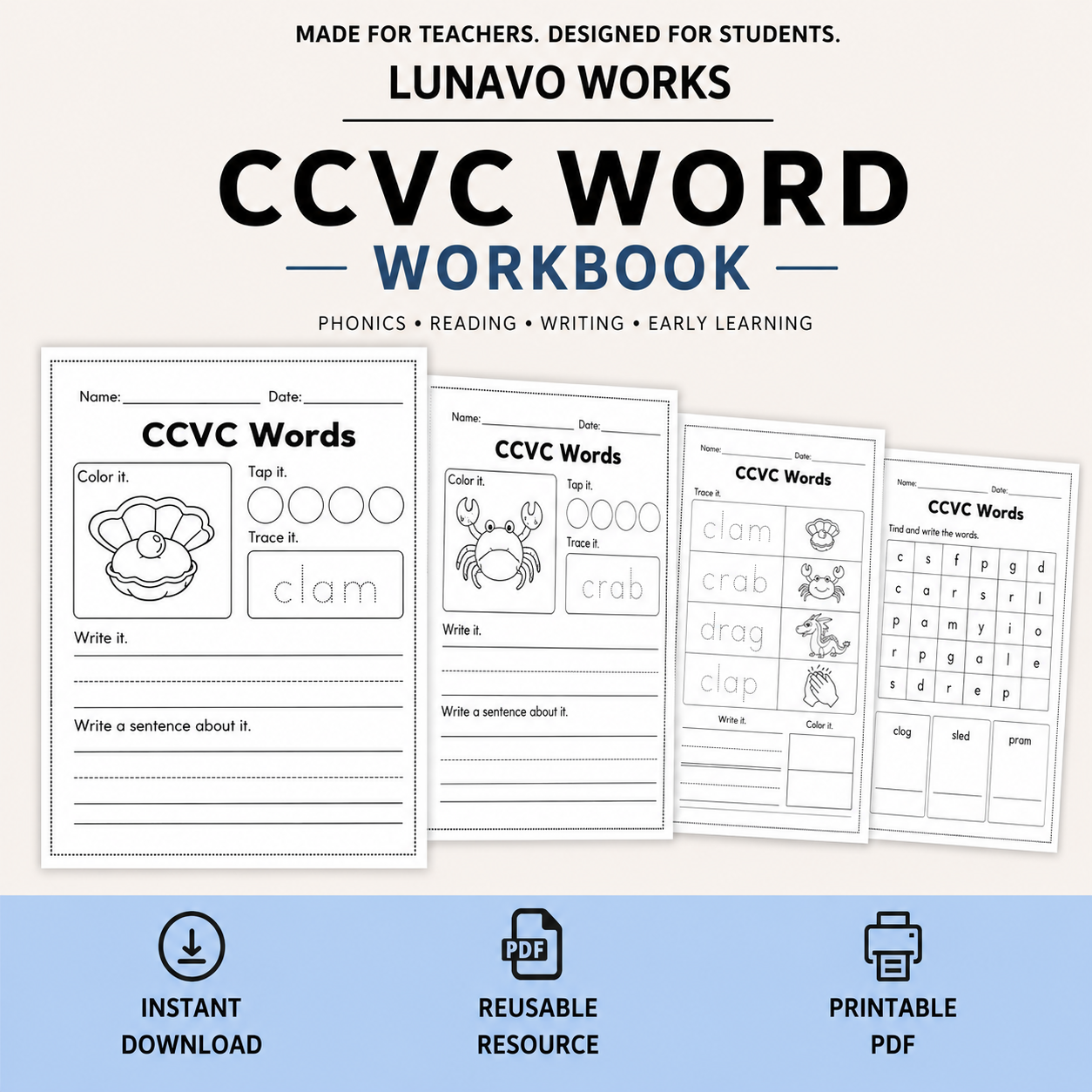 CCVC Word Workbook 53 pages | Printable Phonics Activities
