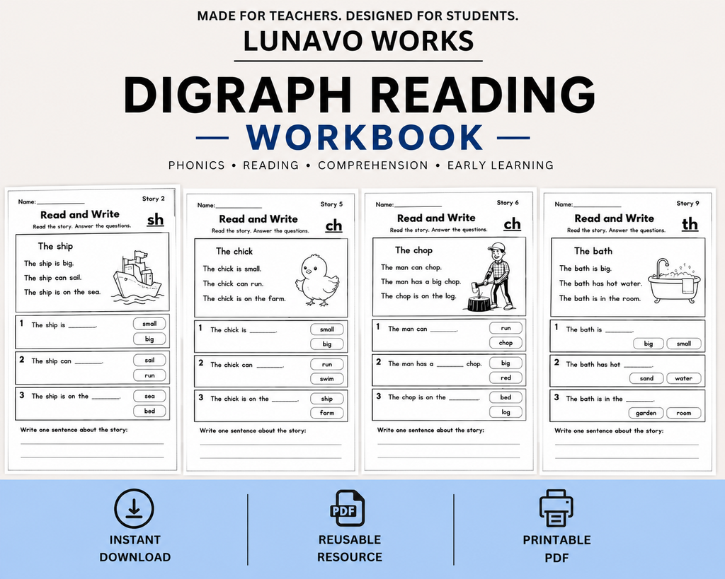 Digraph Reading Workbook 17 pages | Printable Phonics Activities