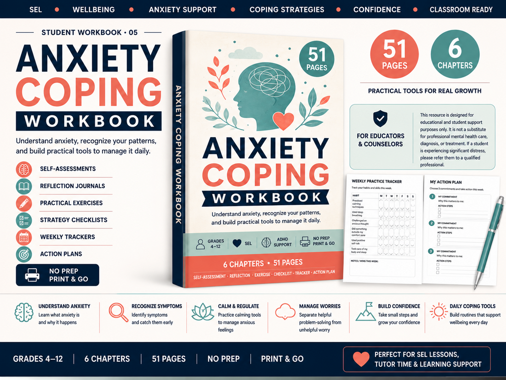 Anxiety Coping Workbook for grades 4-12 printable student support resource
