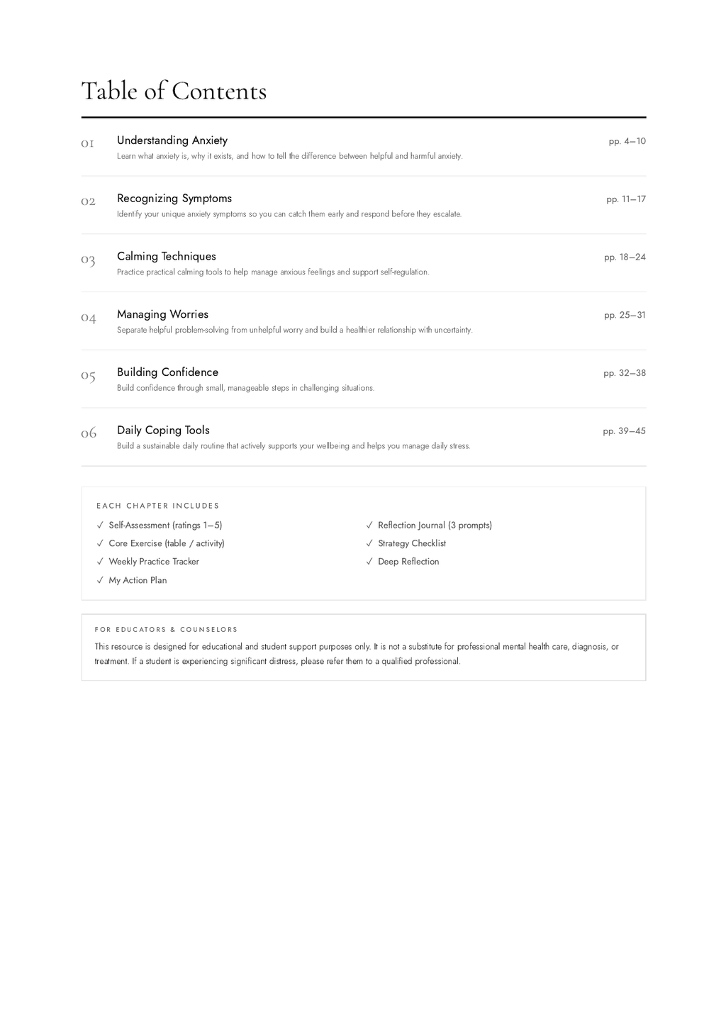 Anxiety Coping Workbook table of contents preview