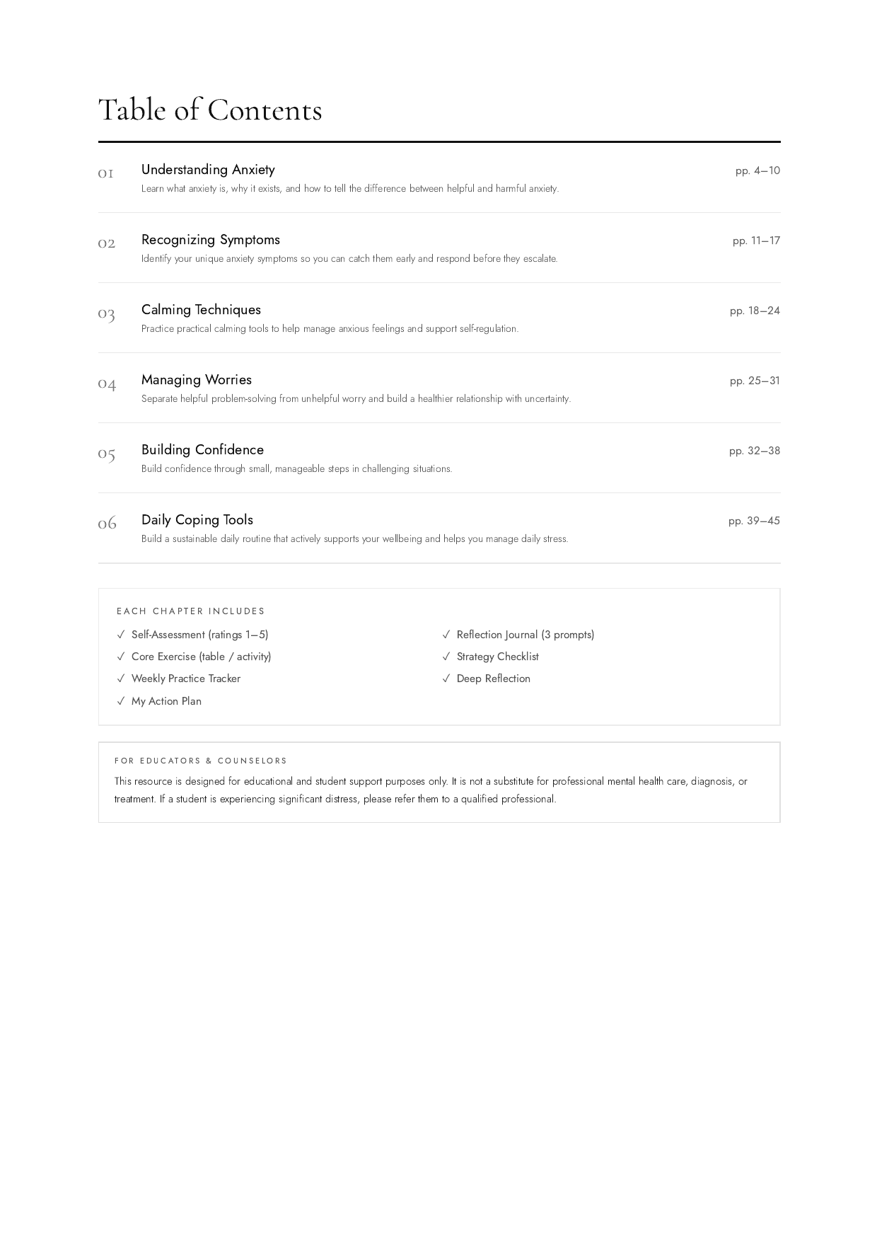 Anxiety Coping Workbook table of contents preview