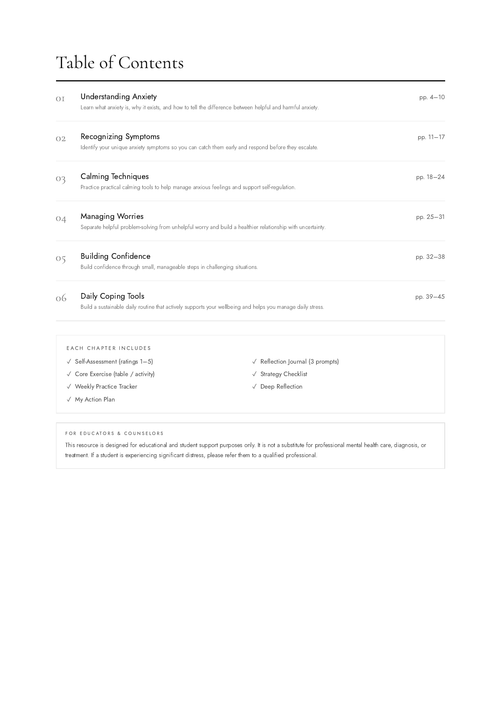 Anxiety Coping Workbook table of contents preview