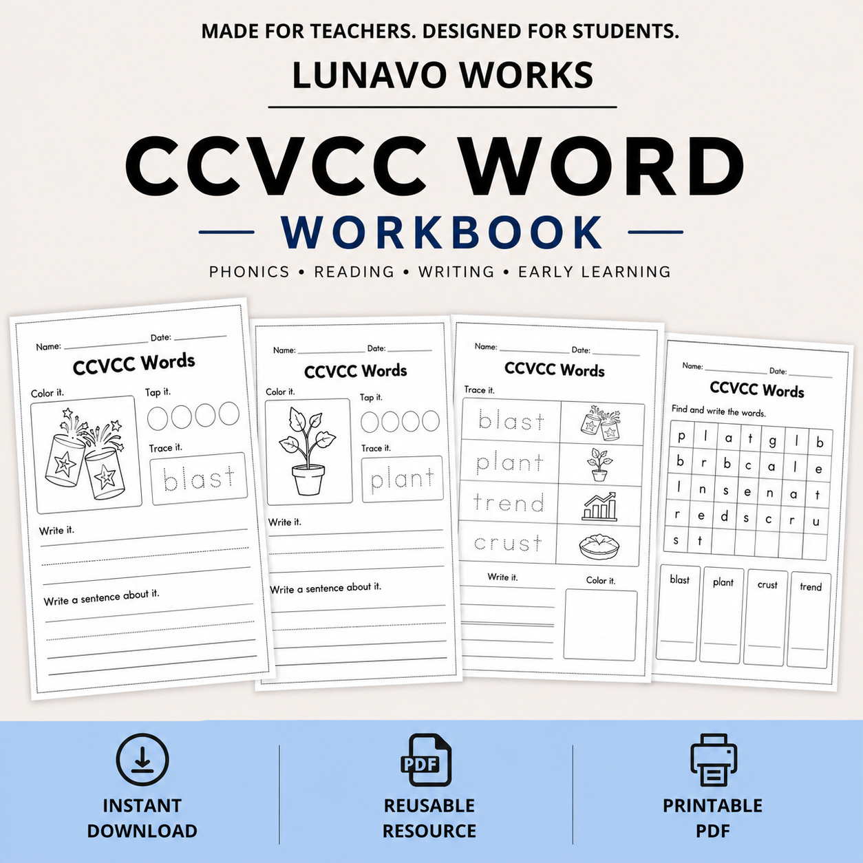 CCVCC Word Workbook 35 pages | Printable Phonics Activities