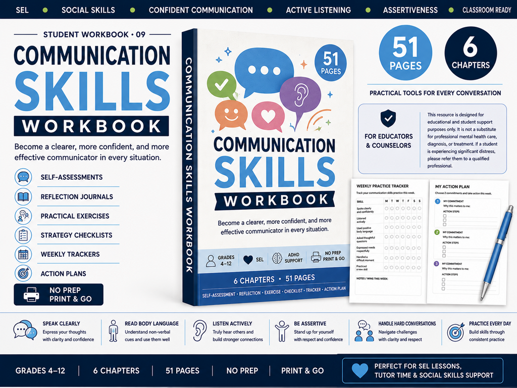Communication Skills Workbook for grades 4-12 printable SEL resource