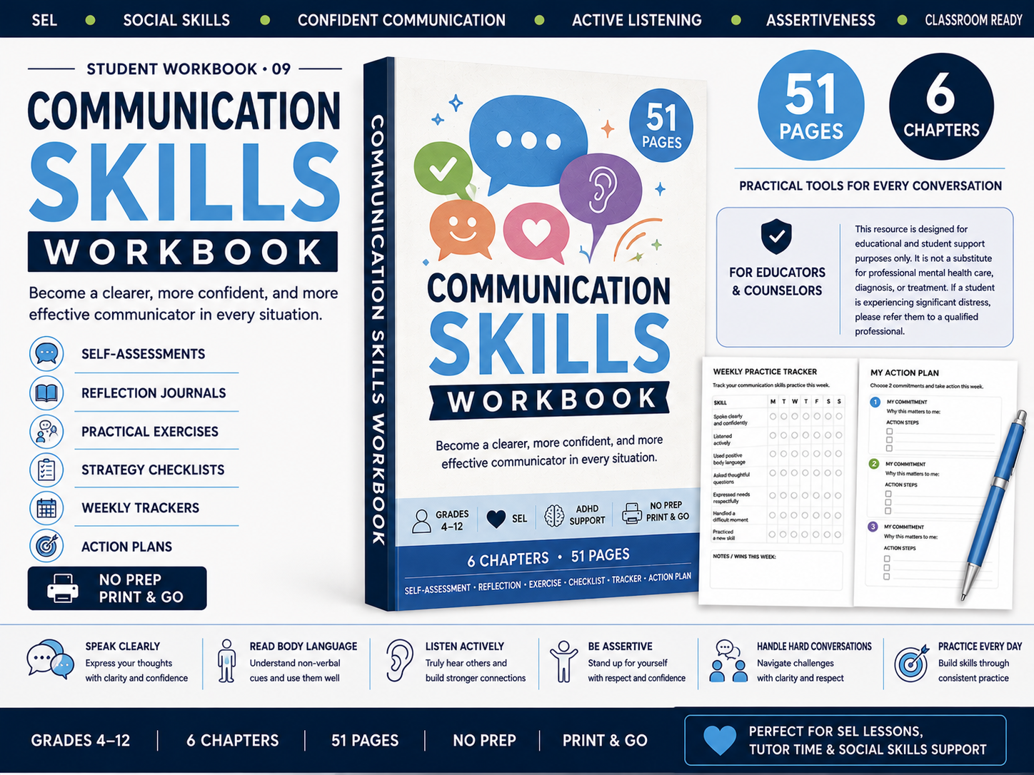 Communication Skills Workbook for grades 4-12 printable SEL resource