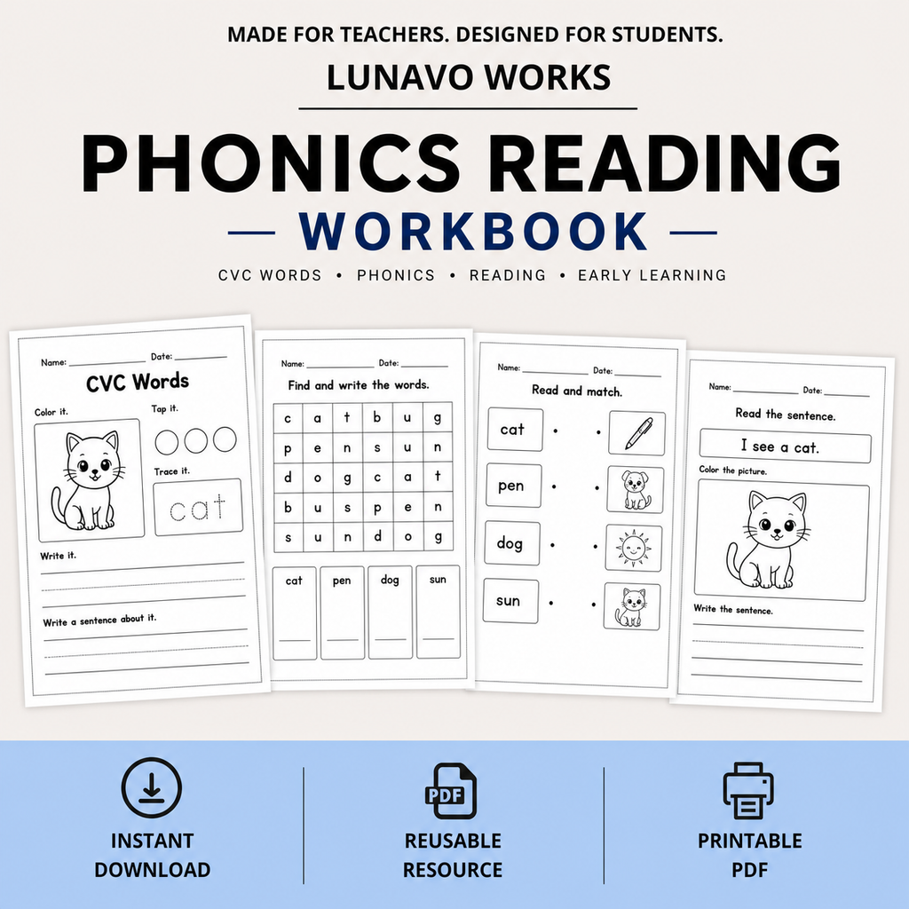CVC Reading Workbook 15 pages | Printable Phonics Activities