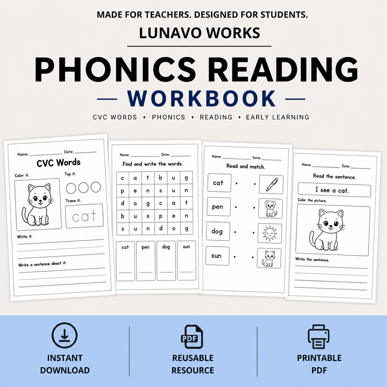 CVC Reading Workbook 15 pages | Printable Phonics Activities