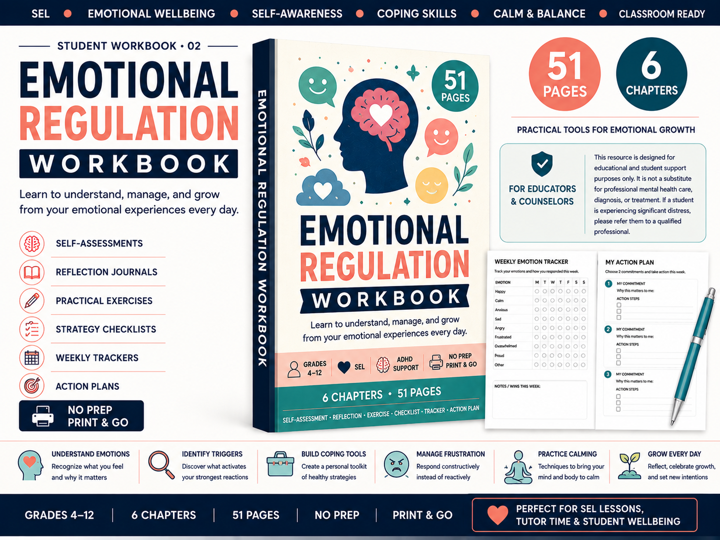 Emotional Regulation Workbook for grades 4-12 printable SEL resource