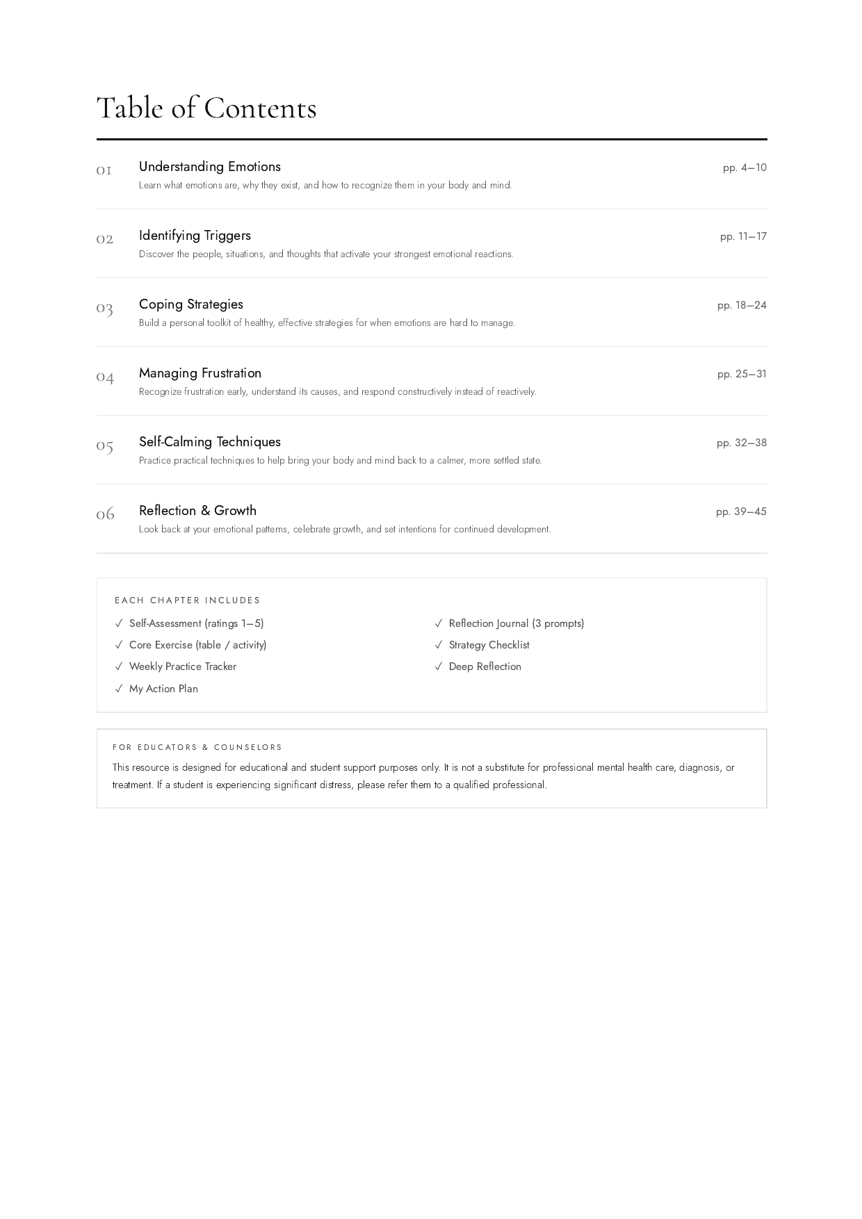 Emotional Regulation Workbook table of contents preview
