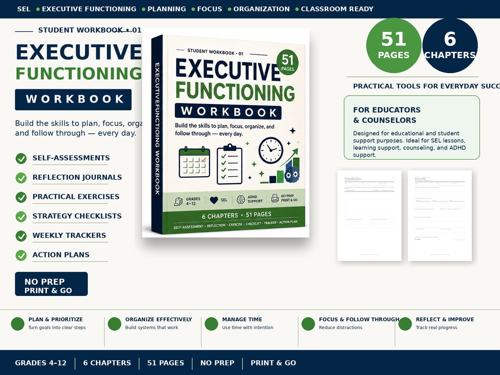 Executive Functioning Workbook 51-page printable SEL resource for grades 4-12