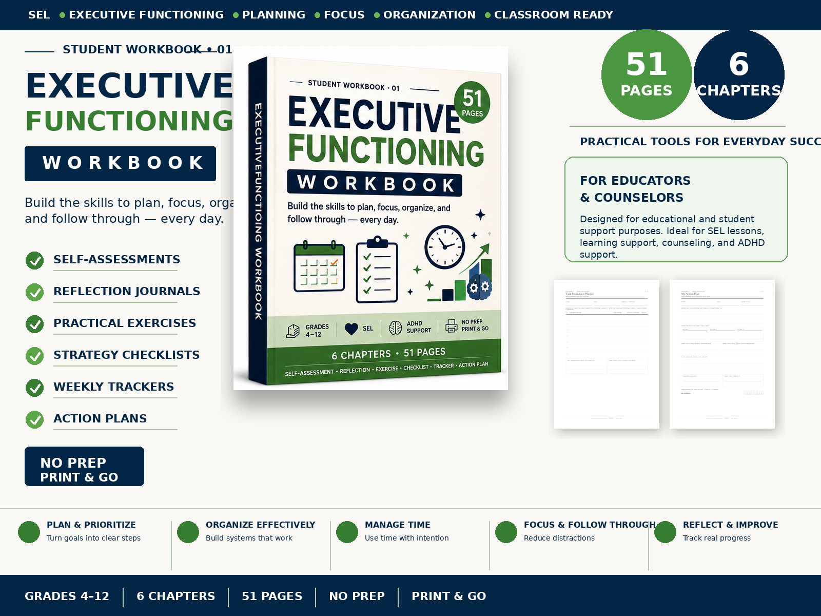 Executive Functioning Workbook 51-page printable SEL resource for grades 4-12