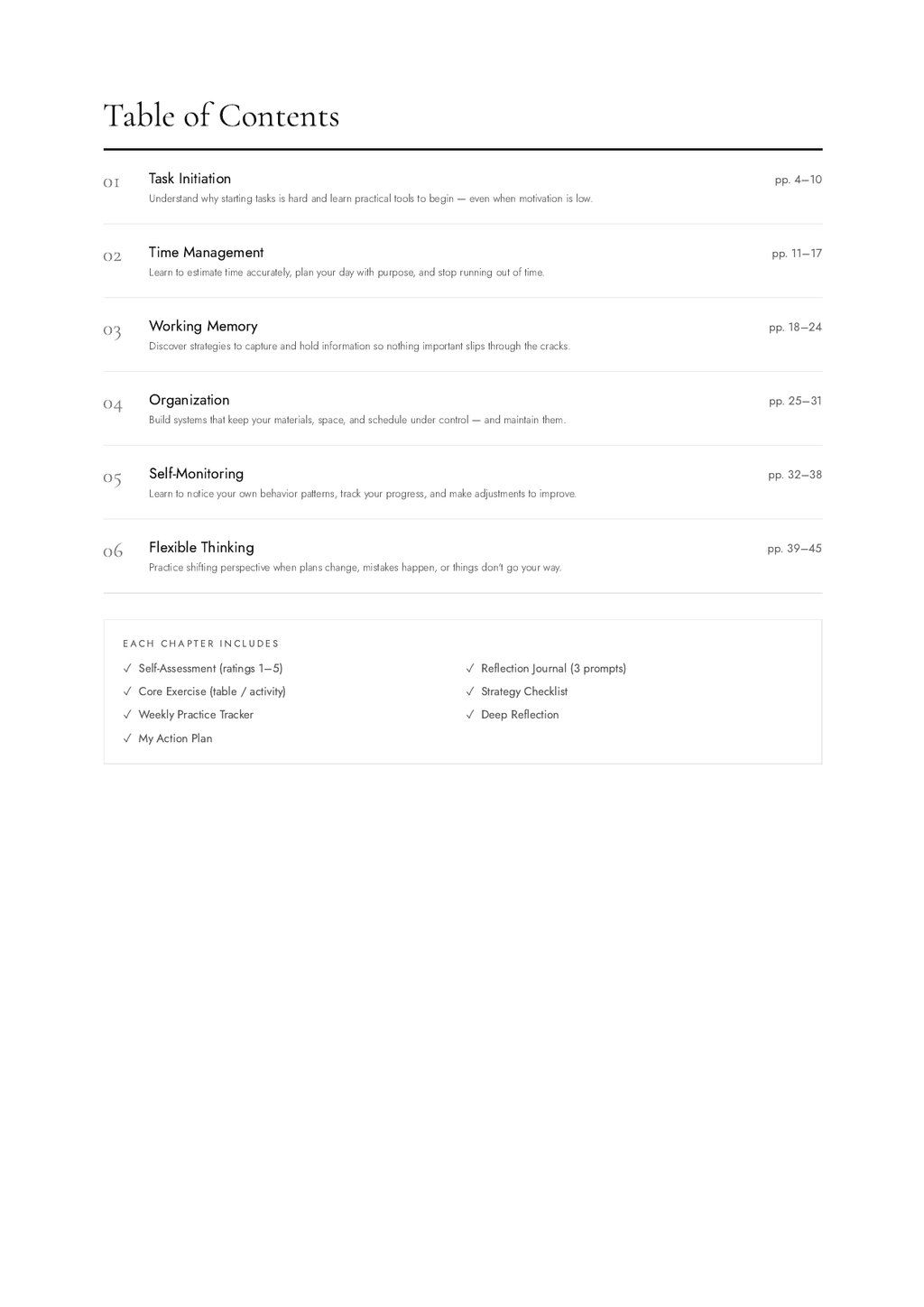 Executive Functioning Workbook table of contents preview
