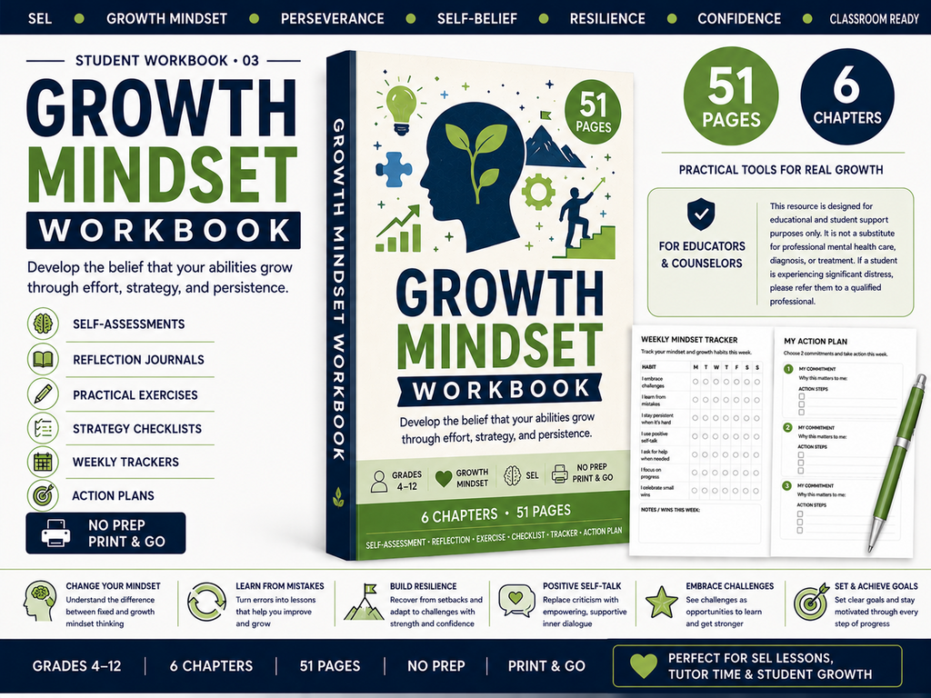 Growth Mindset Workbook for grades 4-12 printable SEL resource