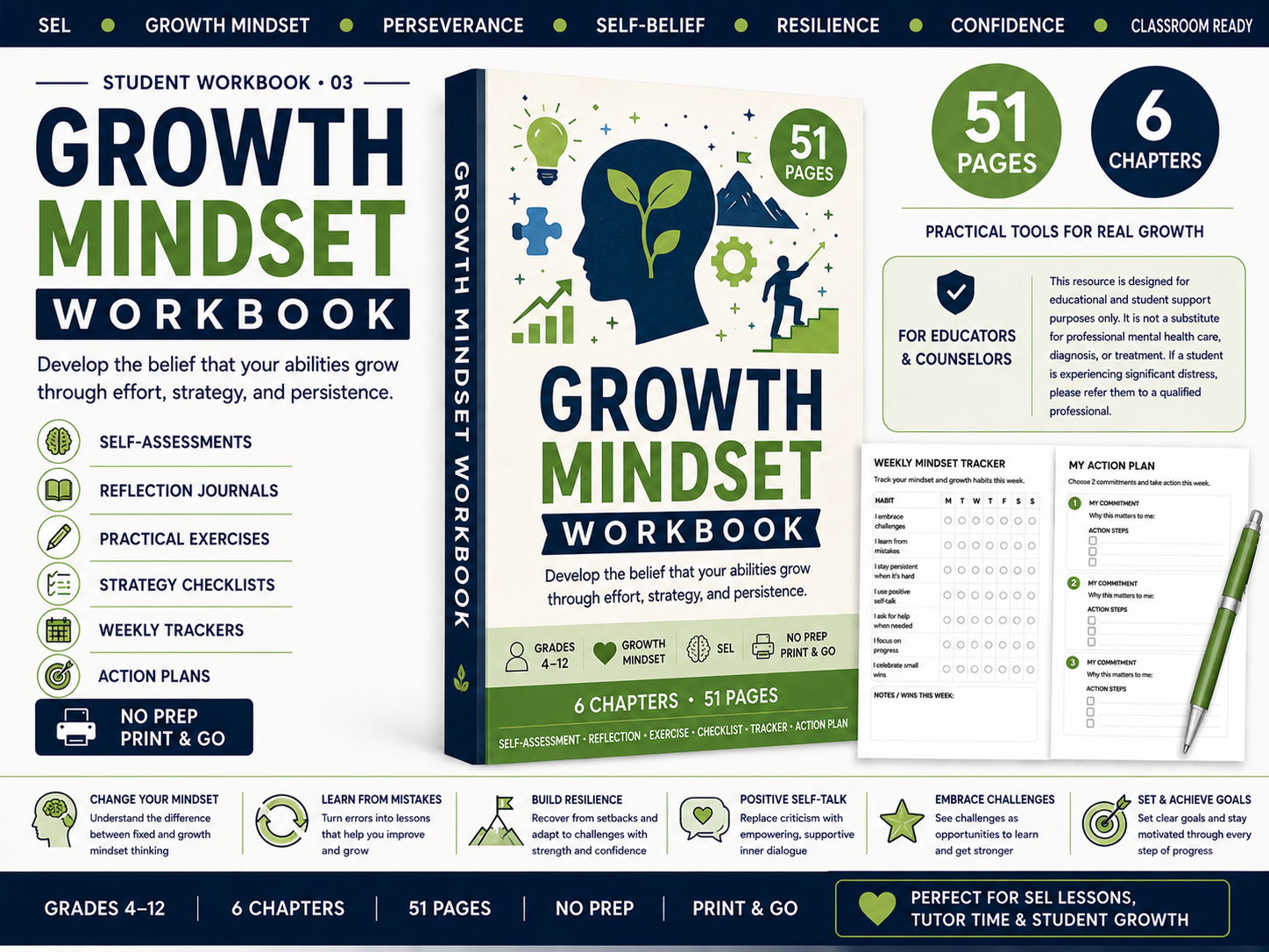 Growth Mindset Workbook for grades 4-12 printable SEL resource