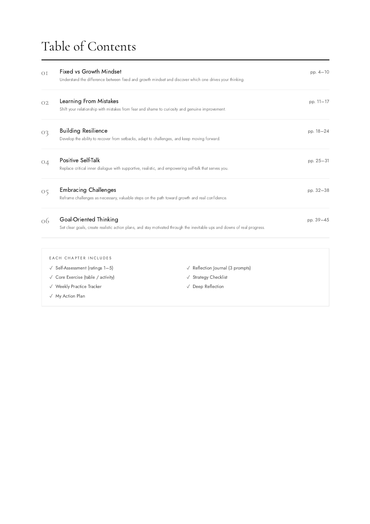 Growth Mindset Workbook table of contents preview