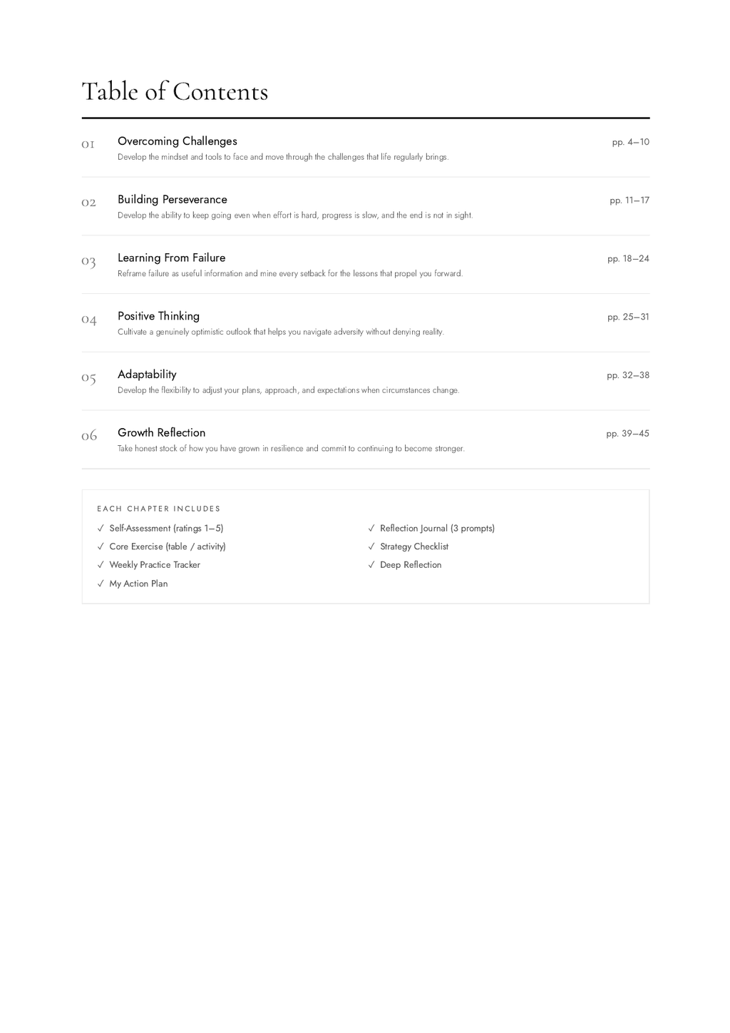 Resilience Workbook table of contents preview