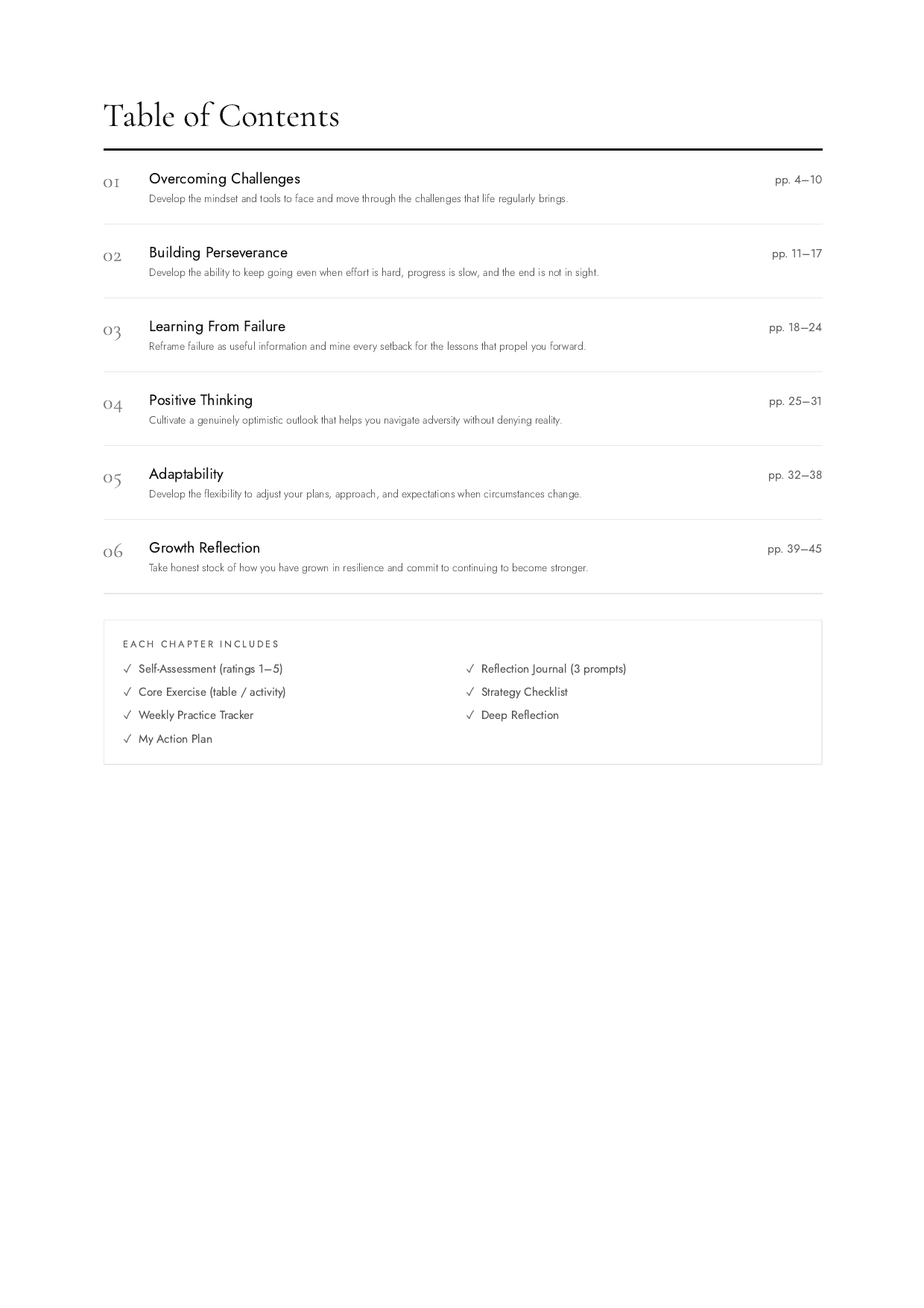 Resilience Workbook table of contents preview