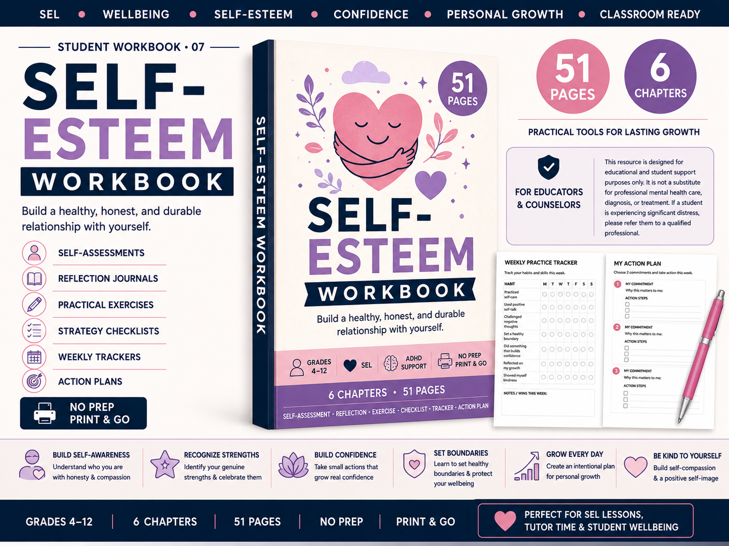 Self-Esteem Workbook for grades 4-12 printable SEL resource