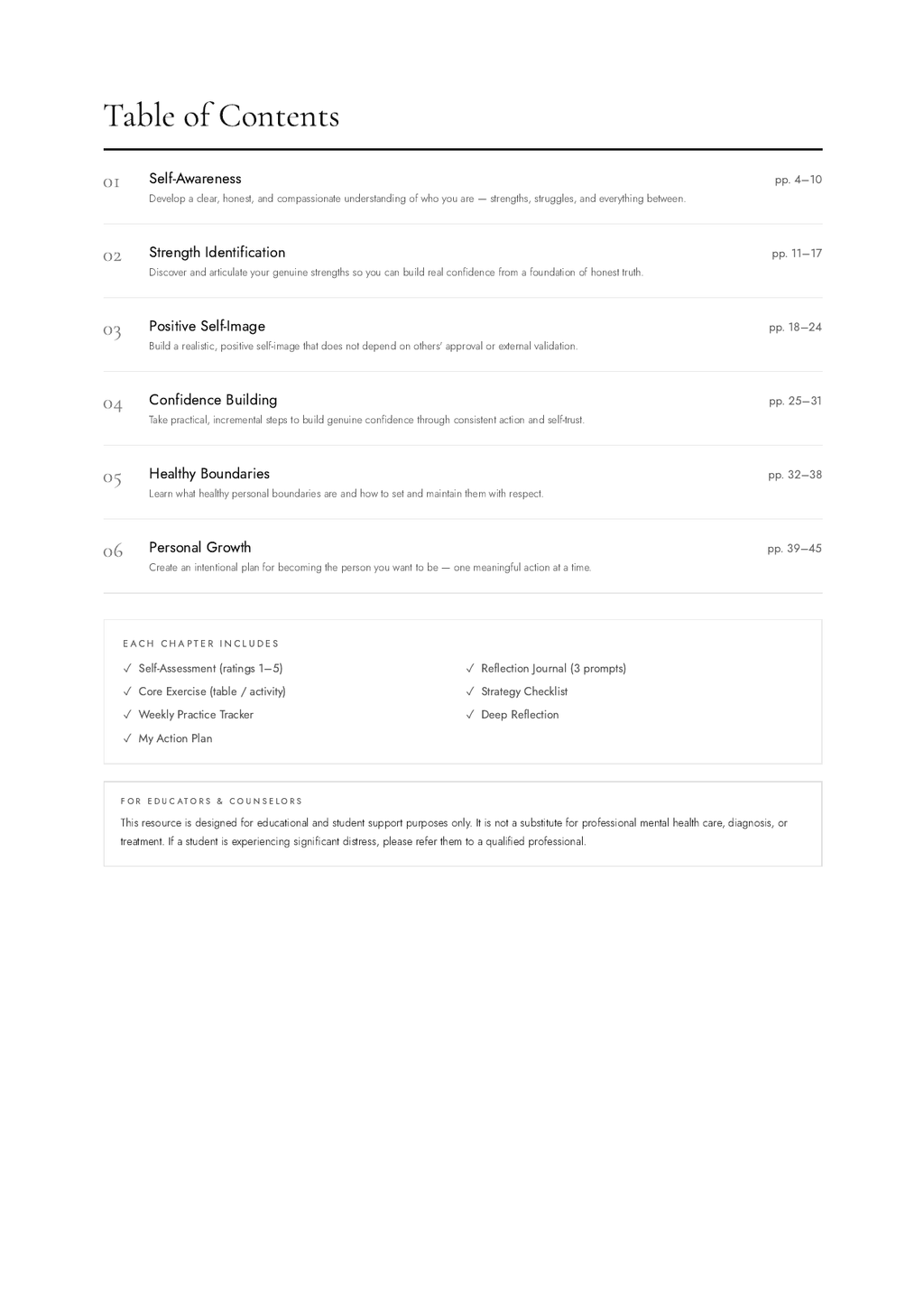Self-Esteem Workbook table of contents preview