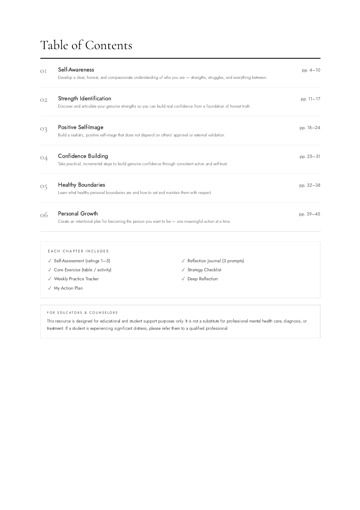 Self-Esteem Workbook table of contents preview