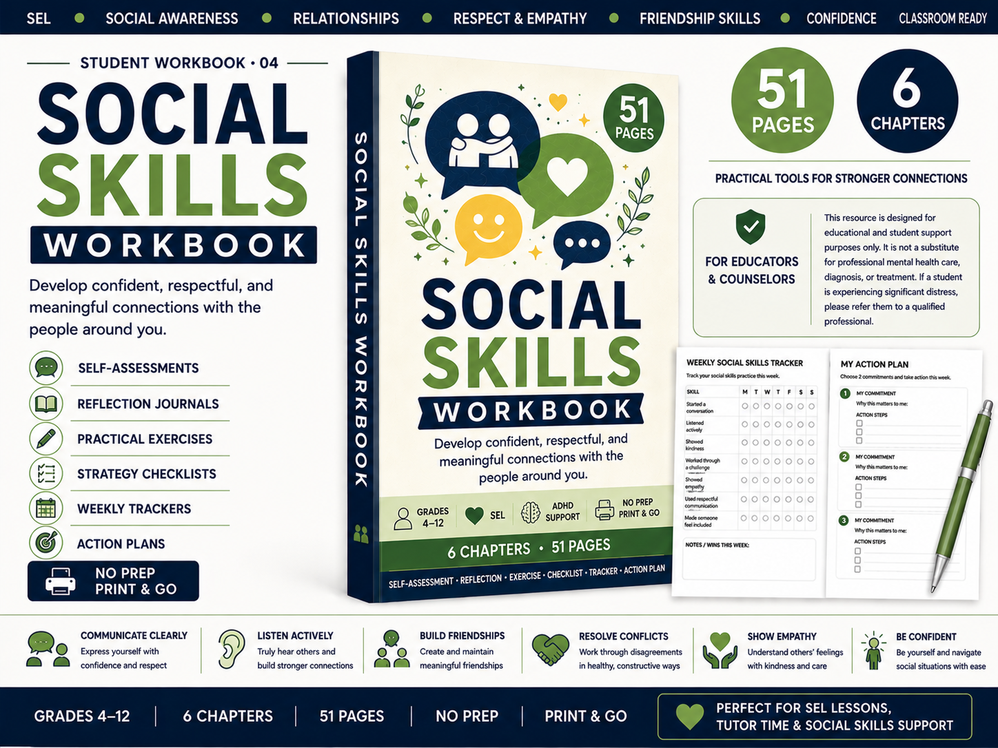 Social Skills Workbook for grades 4-12 printable SEL resource