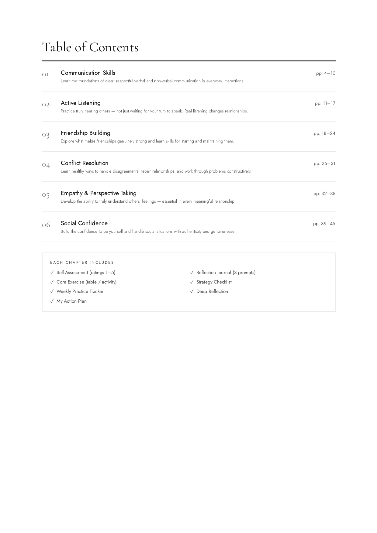 Social Skills Workbook table of contents preview