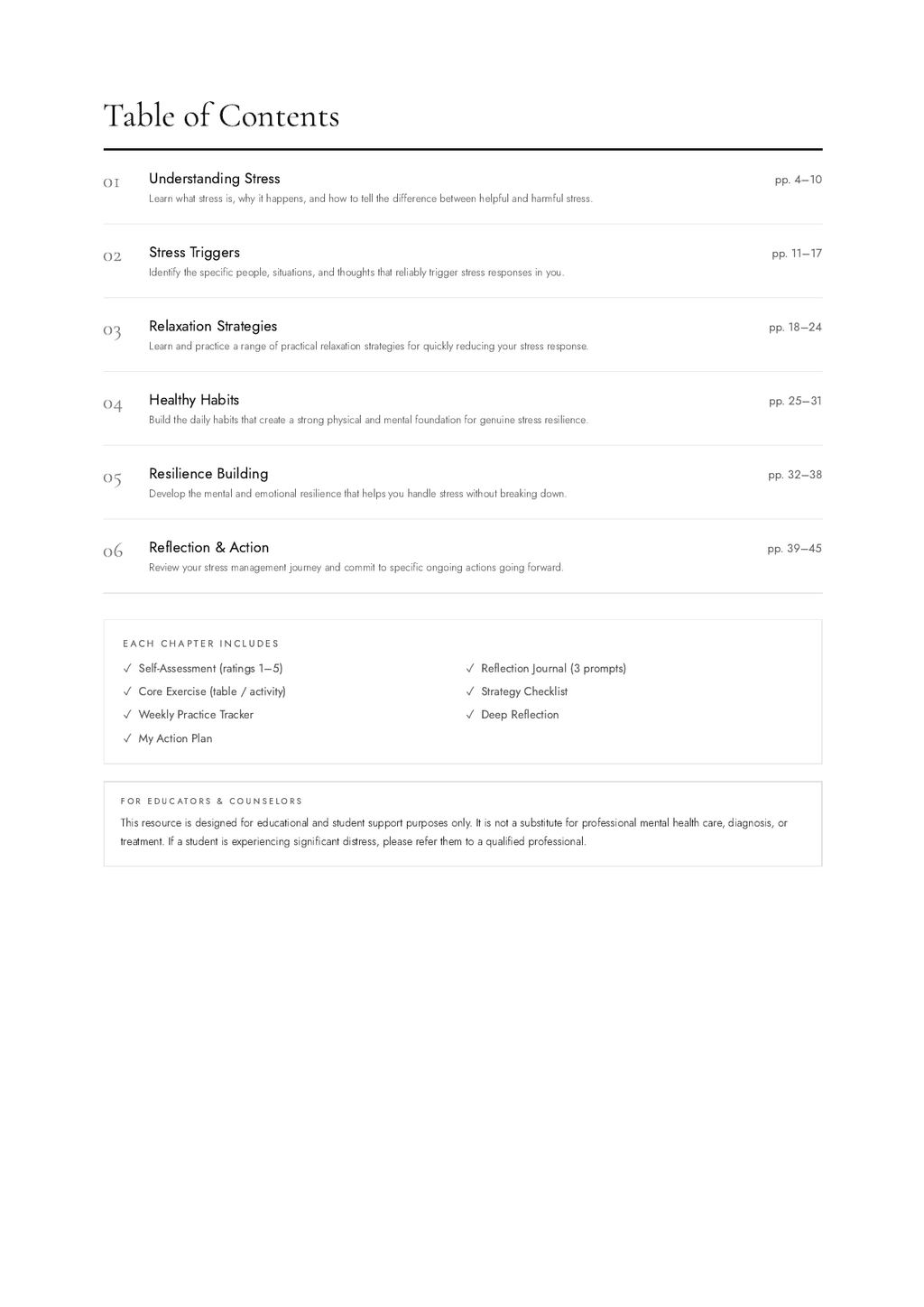 Stress Management Workbook table of contents preview