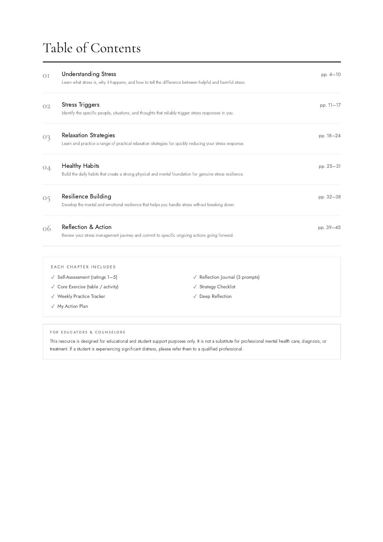 Stress Management Workbook table of contents preview