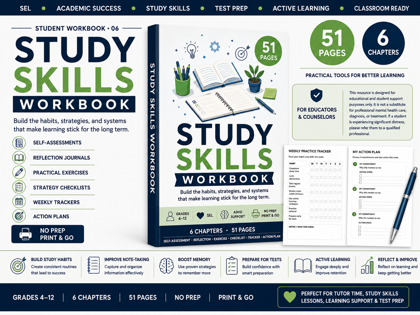Study Skills Workbook for grades 4-12 printable student support resource