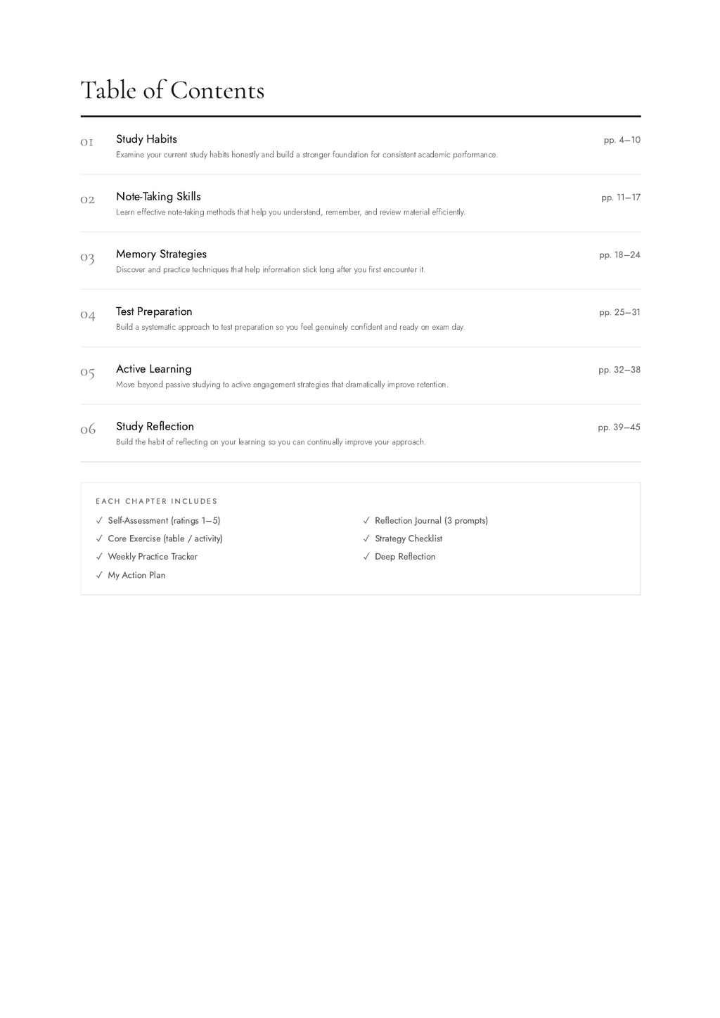 Study Skills Workbook table of contents preview