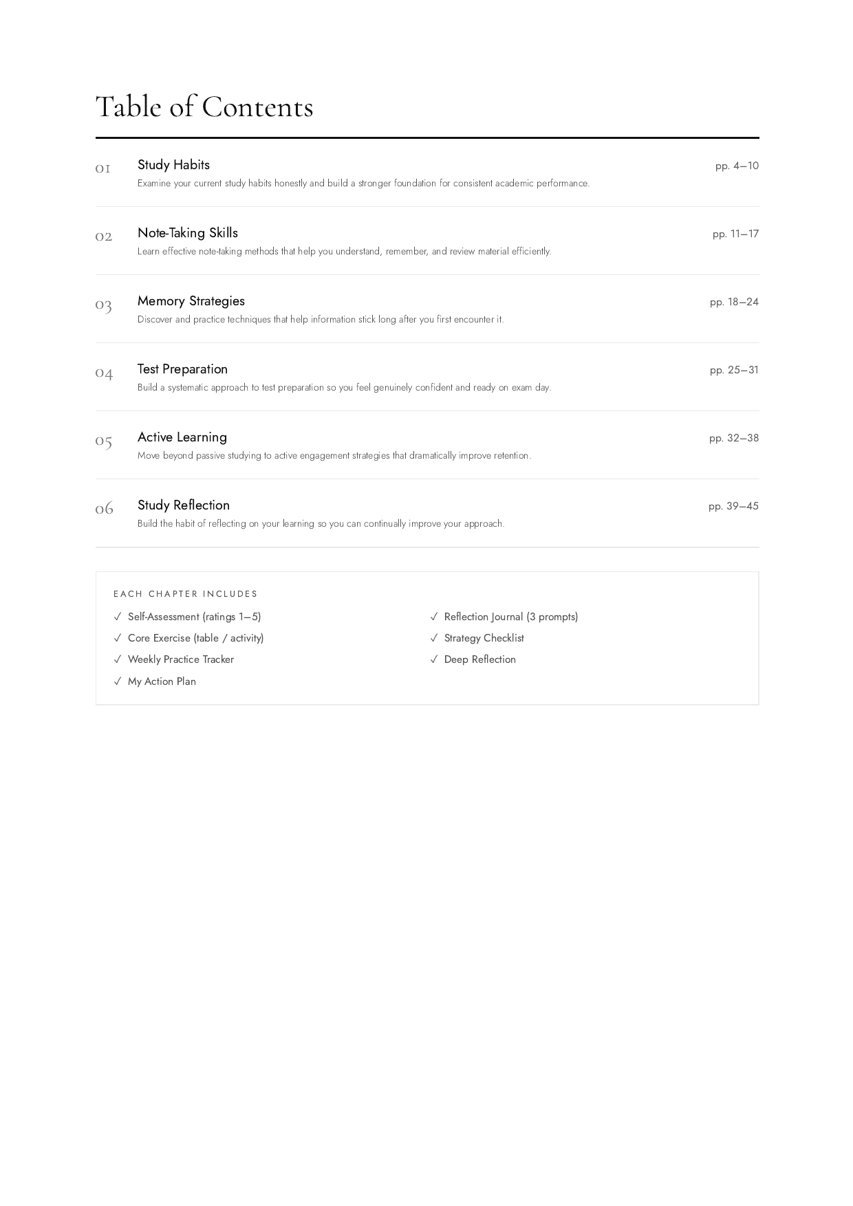 Study Skills Workbook table of contents preview